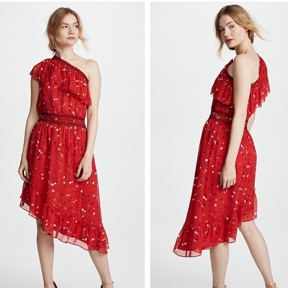 Joie Dresses & Skirts - Joie Floral Printed Hafsa One Shoulder Smoked Embroidered Silk Midi Dress Red M